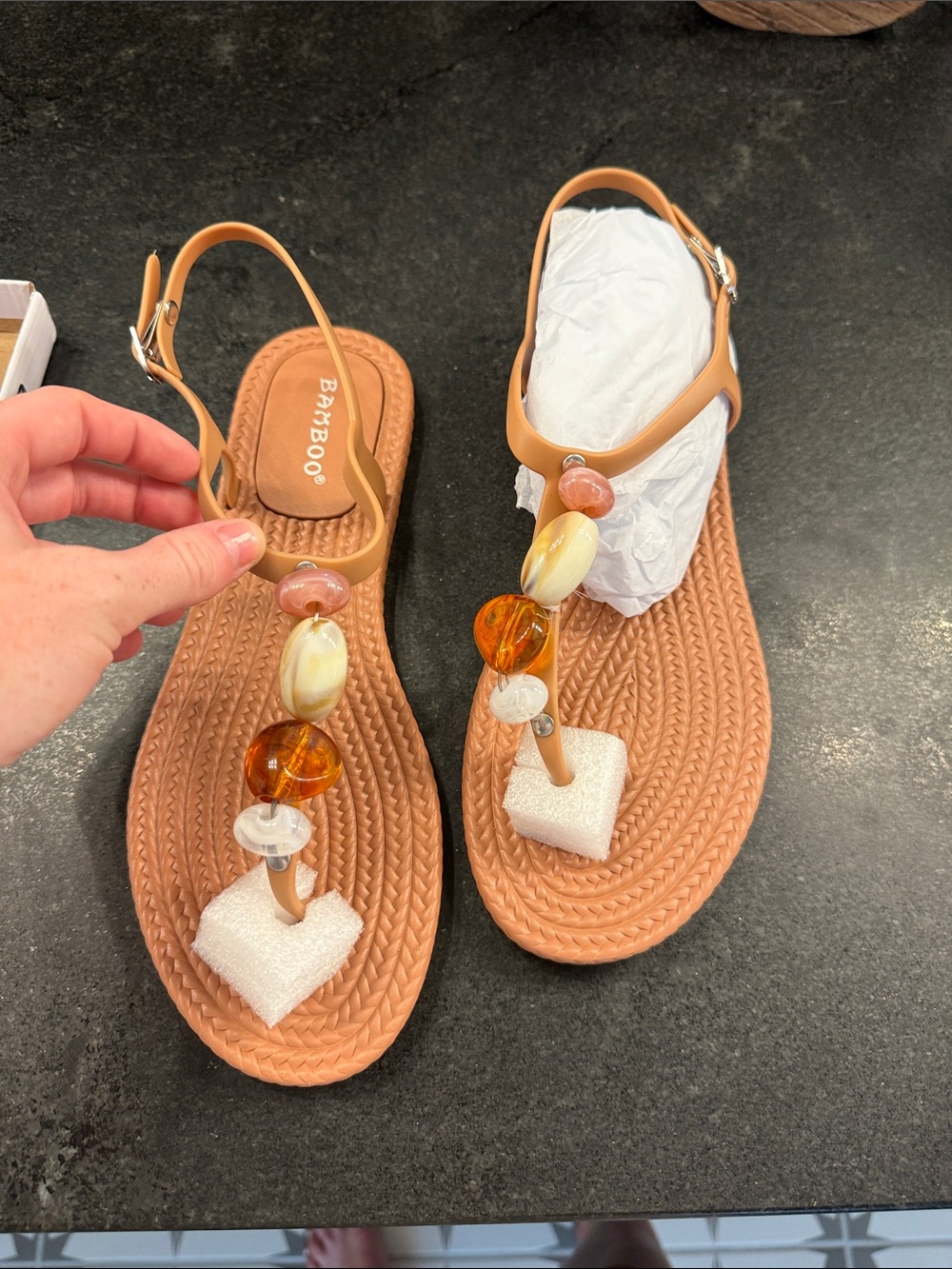 BAMBOO Tan Beaded T-Strap Sandals